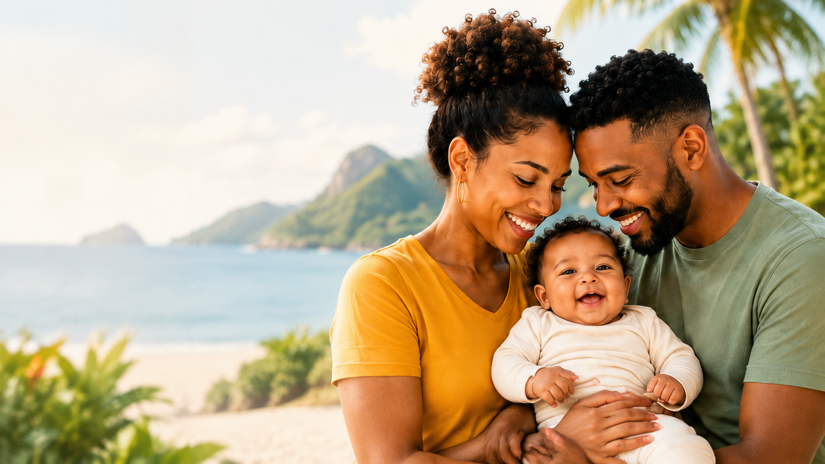 Deux parents souriants avec leur bébé, tous bien visibles dans un environnement tropical